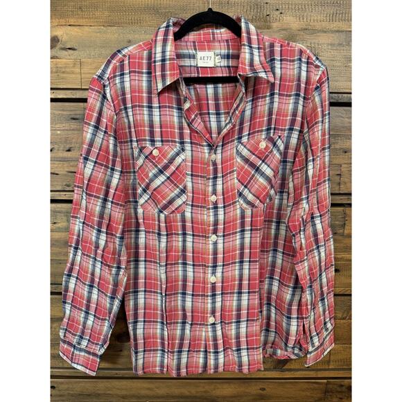 AE77 Shirt Mens Medium Red Blue Plaid Button Up Long Sleeve Casual Western - Picture 1 of 4